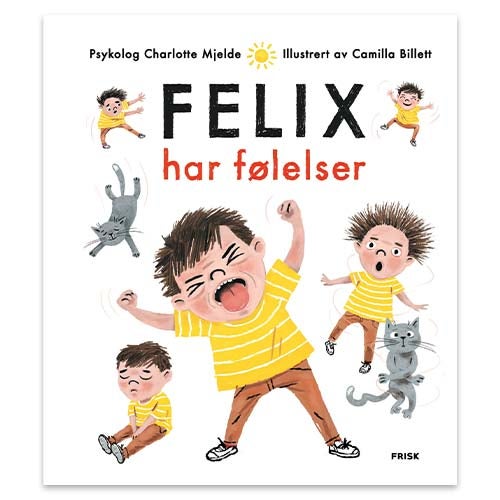 Felix har følelser Felix har følelser av Charlotte Mjelde: Hvitt bokomslag med illustrasjoner av Felix som viser ulike følelser, og en grå katt.