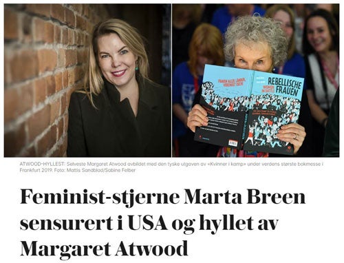 Feminist-stjerne Marta Breen sensurert i USA og hyllet av Margaret Atwood