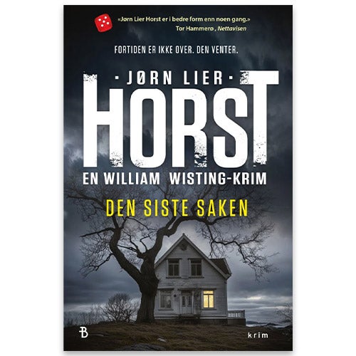 Den siste saken av Jørn Lier Horst. Omslaget viser et hvitt hus bak et krokete tre uten blader.