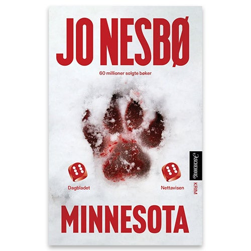 Minnesota av  Jo Nesbø. Omslaget er hvitt med rød tekst. Et blodig poteavtrykk i midten.