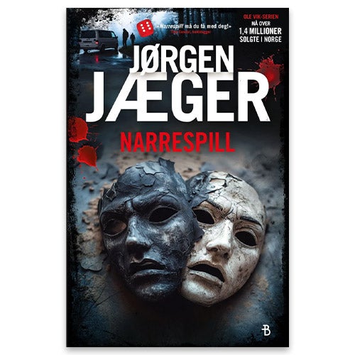 Narrespill av Jørgen Jæger. Omslaget viser to masker, en mørk og en hvit.