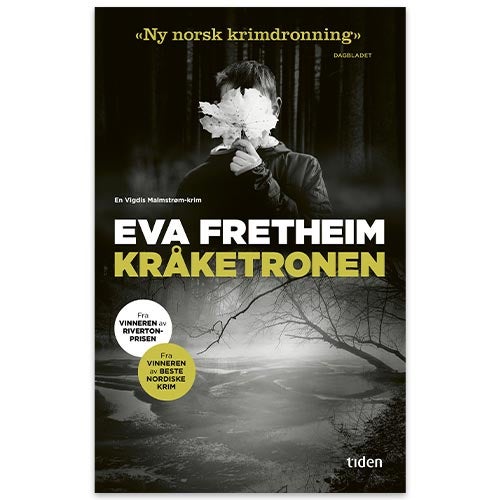 Kråketronen Kråketronen av Eva Fretheim. Norsk krimbok med gutt som holder et blad foran ansiktet.