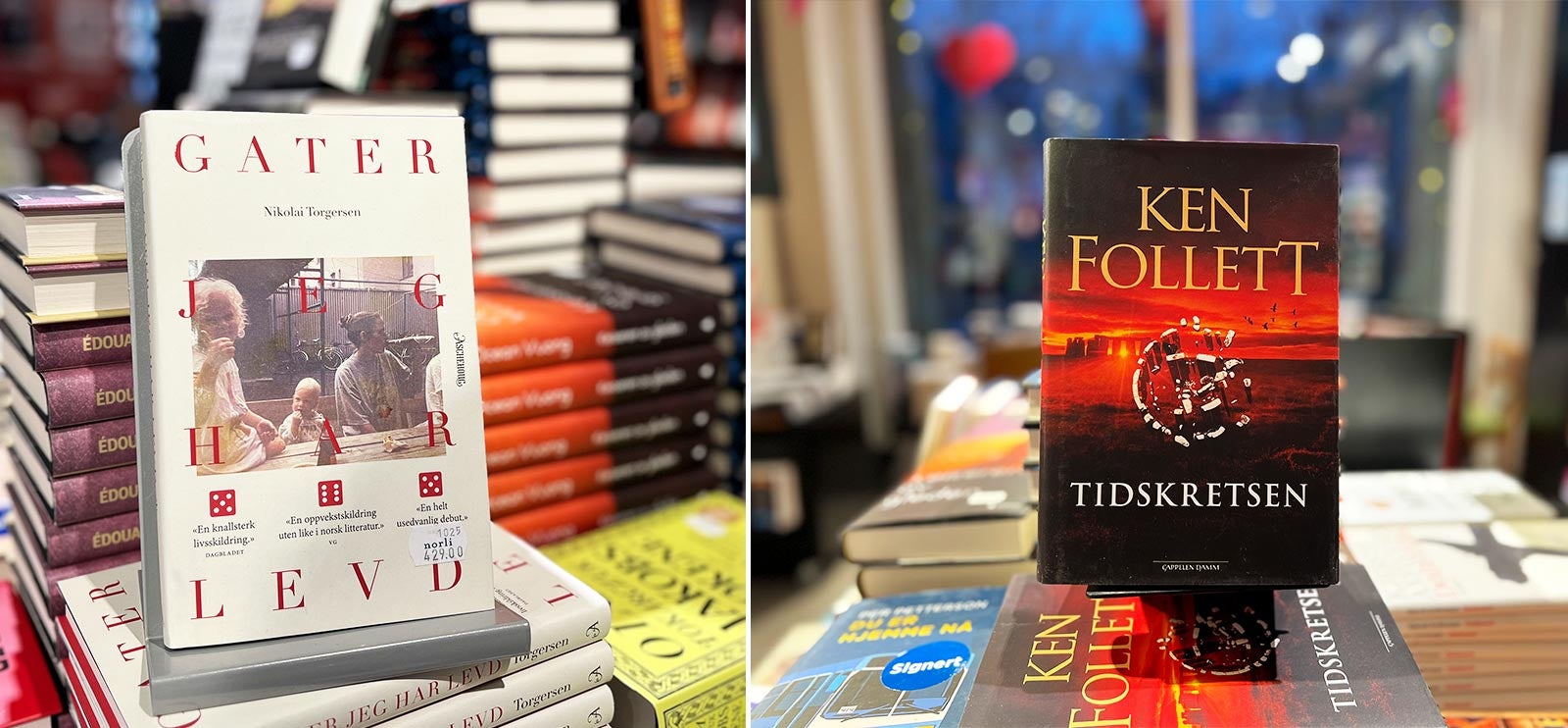 Kollasjen viser to av årets mest omtalte bøker: den kritikerroste debuten Gater jeg har levd av Nikolai Torgersen og bestselgerromanen Tidskretsen av Ken Follett, som har gjort suksess internasjonalt.