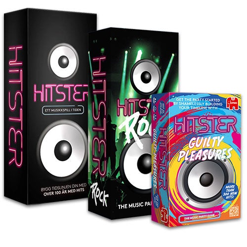 Familiespillet Hitster finnes i flere morsomme utgaver. På bildet ser du Hister classic, Hitster Rock og Hitster Guilty Pleasures.