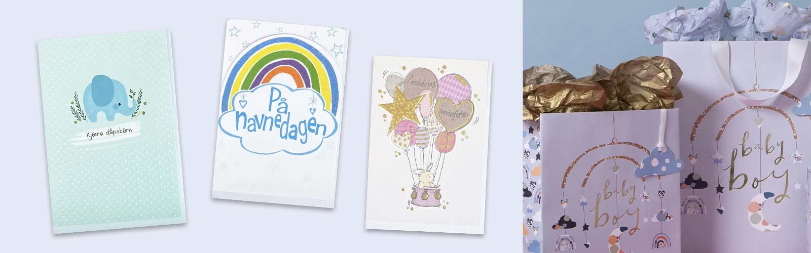 Kort og innpakning til baby, dåp og navnefest