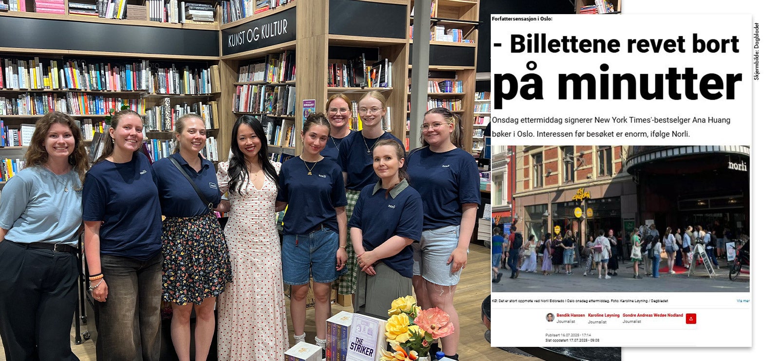 Bokhandlere fra Norli sammen med den kjente forfatteren Ana Huang. Ved siden av er et skjermbilde fra Dagbladet med teksten "Billettene revet bort på minutter".
