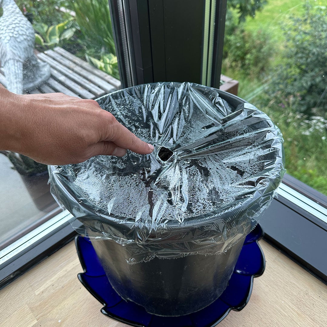 Krukke dekket med plast 