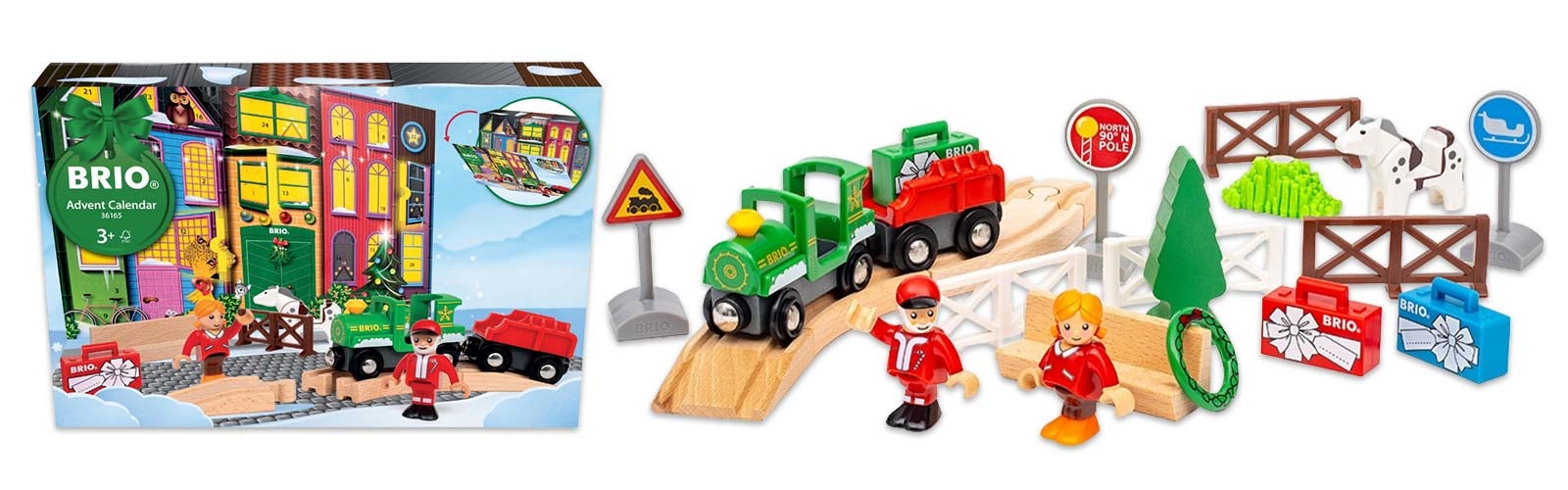 BRIO adventskalender 2026 for barn fra 3 år. Esken står ved siden av innholdet: et grønt tog med rød vogn, togskinner i tre, to figurer, skilt, gjerder og et tre..