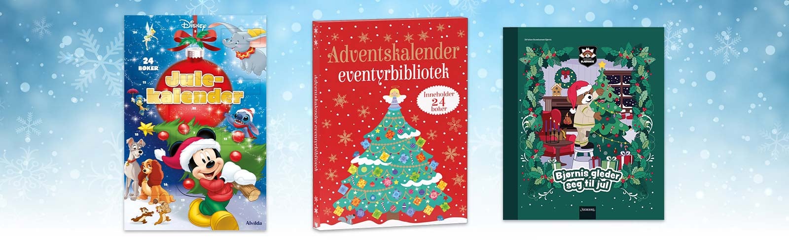 Tre julekalenderbøker for barn på vinterblå bakgrunn: Disney Julekalender med 24 bøker, Adventskalender eventyrbibliotek med 24 bøker og Bjørnis gleder seg til jul.