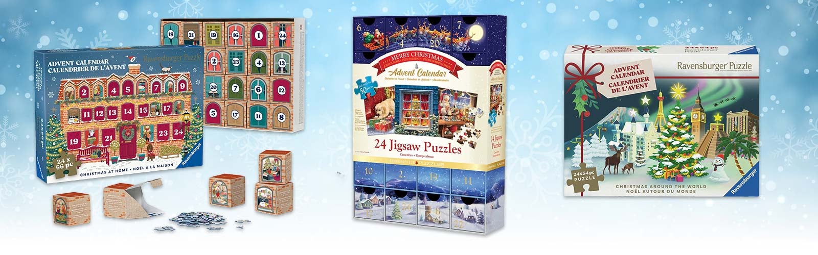 Tre puslespill-julekalendere fra Ravensburger og Eurographics med julemotiver, på en lyseblå bakgrunn med snøkrystaller.