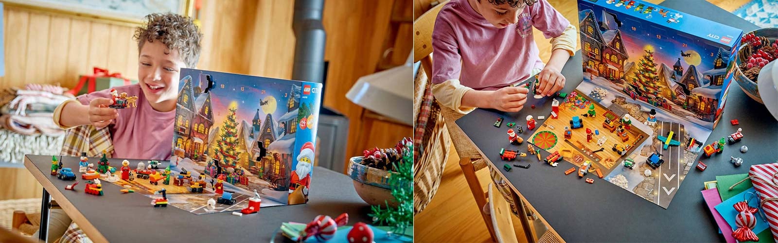 LEGO City julekalender 2026: Gutt leker med julenisse, slede og små kjøretøy foran den åpne adventskalenderen med lekematte.