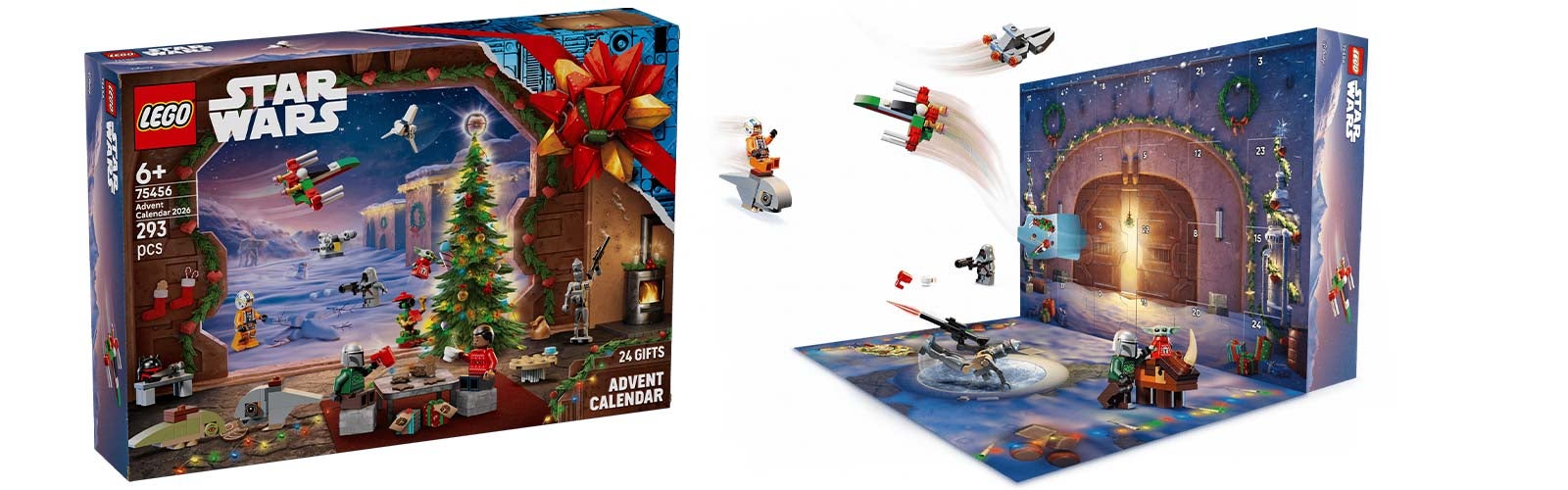 LEGO Star Wars julekalender 2026: Esken og den åpne adventskalenderen med lekematte, Mandalorianer-figur, Grogu og små romskip.