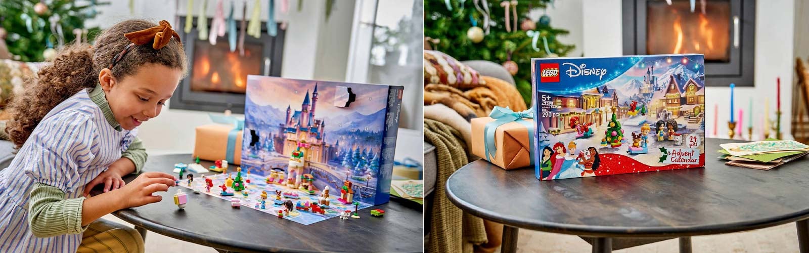 Barn leker med figurer fra LEGO Disney Princess julekalender 2026 foran den åpne adventskalenderen.