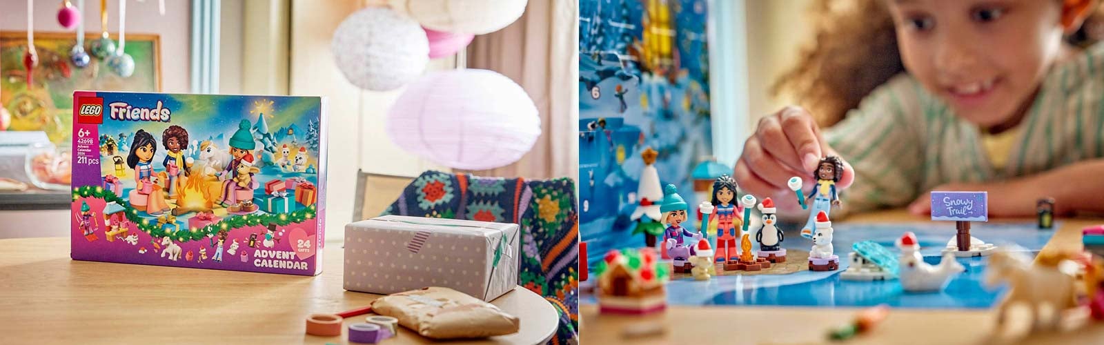 LEGO Friends julekalender 2026 på et bord, og jente som leker med venninnefigurer, pingvin og isbjørn i en vinterscene.