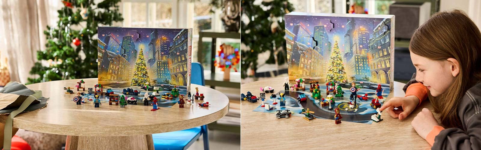 Venstre: Åpen LEGO Marvel adventskalender med superheltfigurer og små kjøretøy på et bord ved juletreet. Høyre: Barn leker med LEGO Marvel-figurer på lekematten fra julekalenderen, blant annet Spider-Man og Iron Man.
