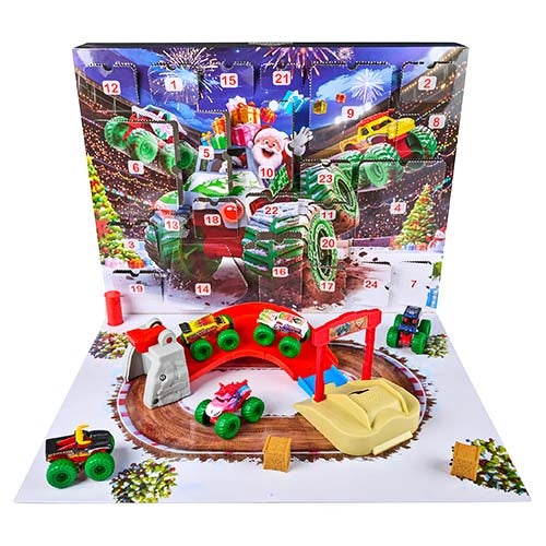 Monster Jam julekalender 2026 med monstertrucker, bane og hopprampe foran den åpne adventskalenderen.