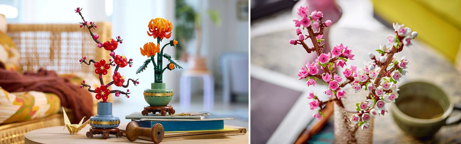 LEGO Botanicals-kolleksjonen som dekorasjon på stuen.