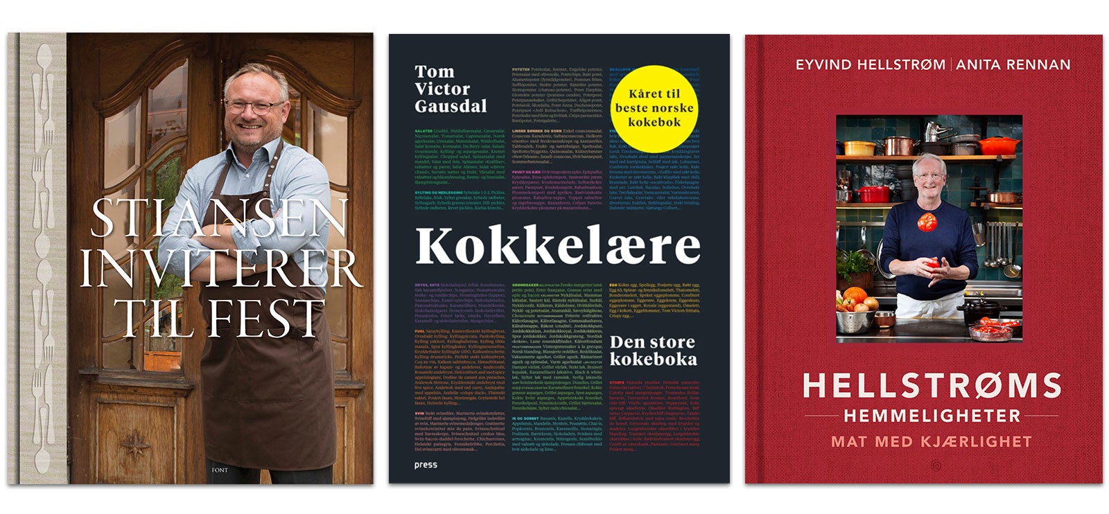 Tre kokebøker som har vunnet Norlis kokebokpris: Stiansen inviterer til fest, Kokkelære og Hellstrøms hemmeligheter