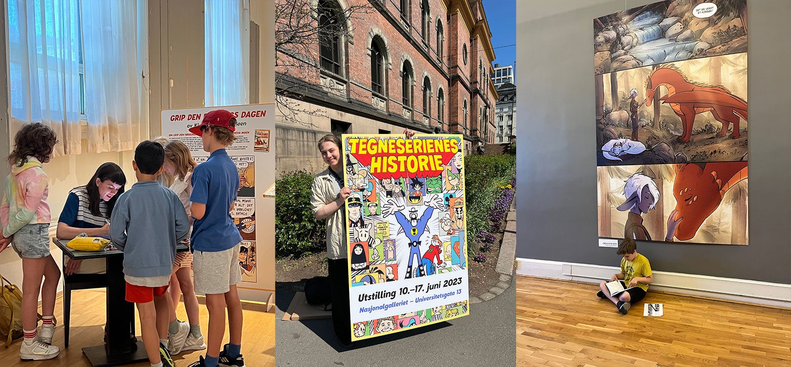 Tegneserier Kollasje med bilder fra utstillingen "Tegneserienes historie". 1. Tegneserieskaper sammen med barn. 2. Kvinne holder reklameplakat. 3. Barn leser på gulvet foran en plakat.