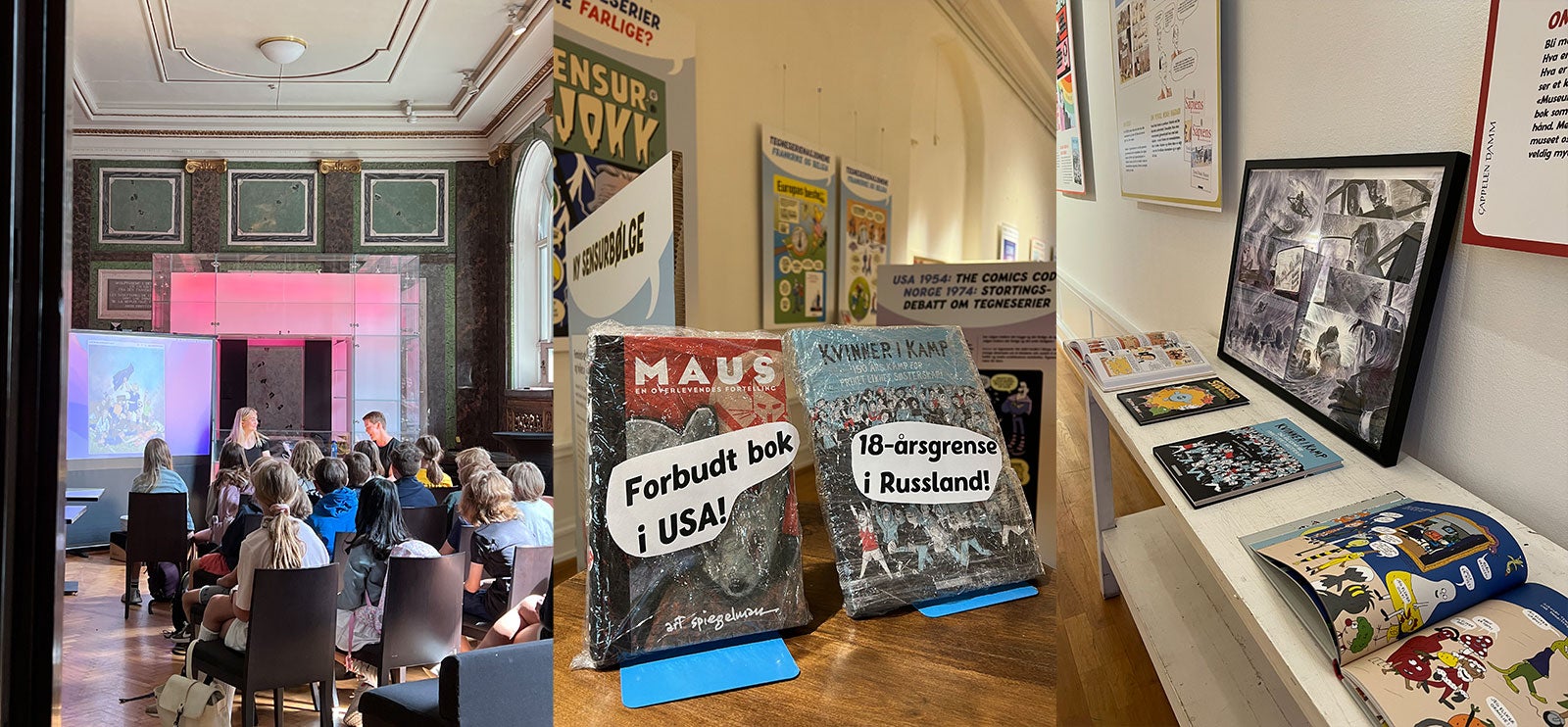 Tegneserier Kollasj med bilder fra utstillingen: 1. Kurs med tegneserieskaper. 2. De sensurerte bøkene "maus" og "kvinner i kamp". 3. Bilde av tegneserier på et bord