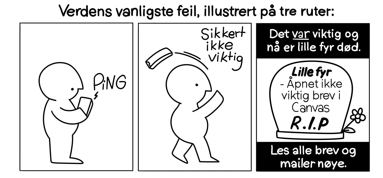 Verdens vanligste feil: student ignorerer notifikasjon fra Canvas. Student dør fordi de ikke får det med seg. Les alle brev og mailer nøye.