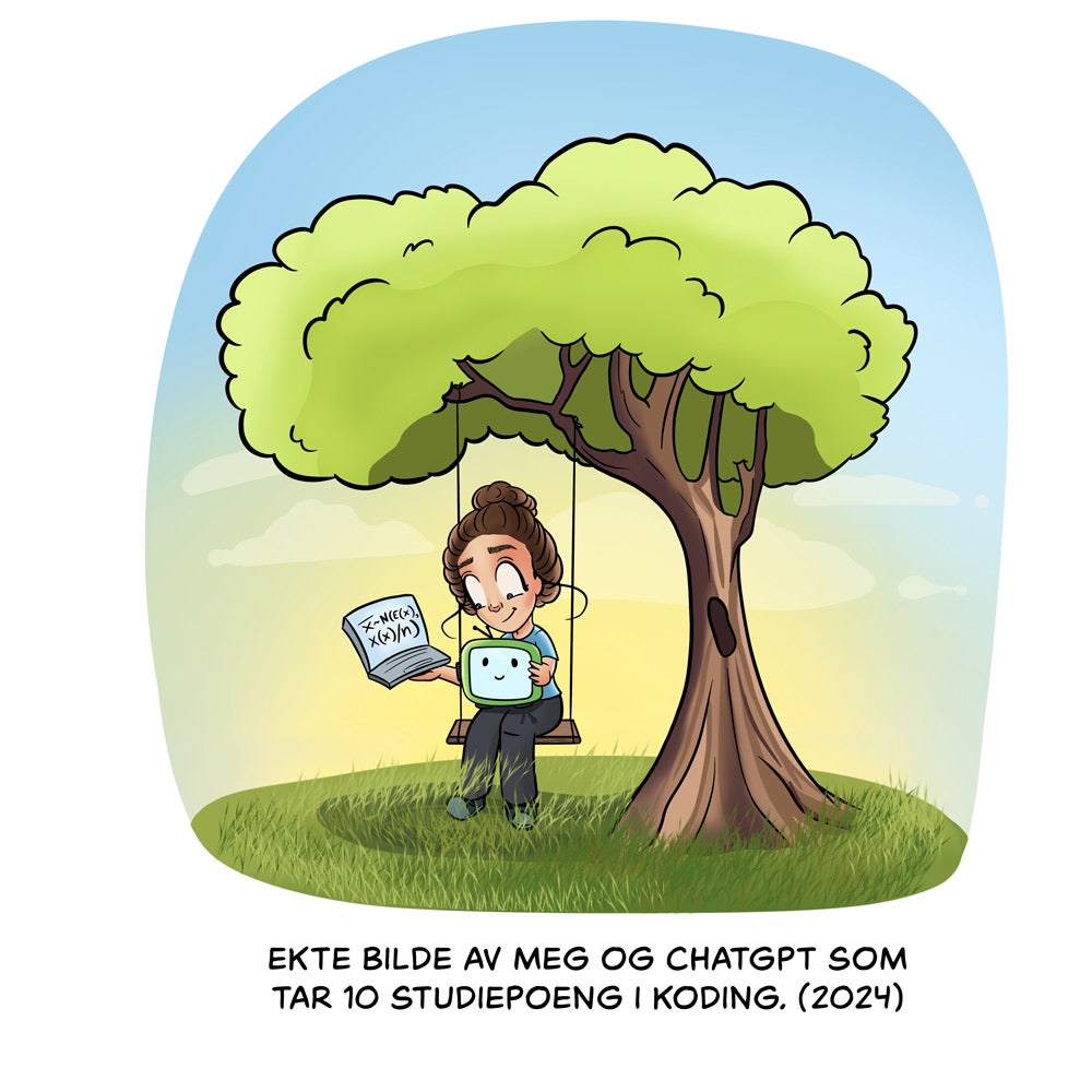 Illustrasjon av L-innsiktvpå en huske under et tre. Hun sitter med en laptop på fanget og bruker CHATGPT når hun tar 10 studiepoeng i koding.