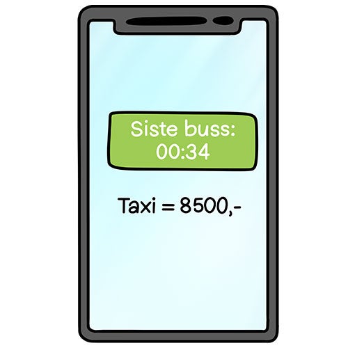 Illustrasjon av en telefonskjerm med teksten "siste buss 00.34" og "taxi=8500"