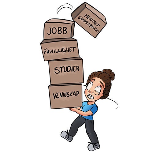 Tegneseriefiguren L-innsikt bærer på pappesker som er skrevet på: vennskap, studier, frivillighet, jobb, mentalt sammenbrudd.