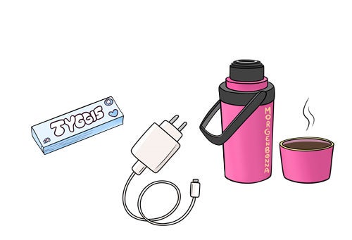 L-innsikt illustrasjon: tyggis, lader og termos med kaffe.