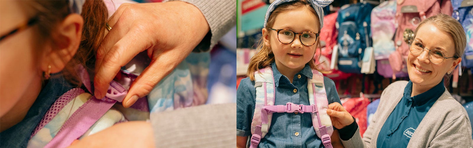 Norli-ansatt hjelper å justere skolesekk fra Beckmann